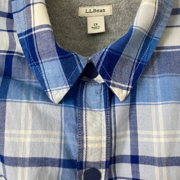LL Bean Fleece Sherpa Lined Blue Flannel Long Sleeve Snap Front Chore Shirt 1X - Picture 3 of 12